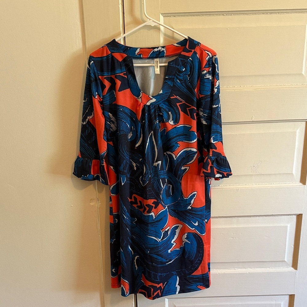 Bold Blue and Orange Midi Dress